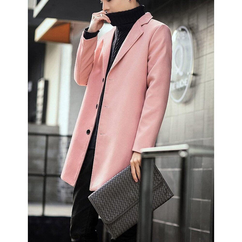 Men's Pink Wool Blend Pea Coat Notched Collar Breasted Winter Trench Coat - Picture 8 of 8